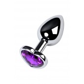 Серебристая коническая анальная пробка с фиолетовым кристаллом-сердечком - 7 см. - ToyFa - купить с доставкой в Орске