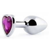 Серебристая анальная пробка с фиолетовым кристаллом-сердечком - 8 см. - Anal Jewelry Plug - купить с доставкой в Орске