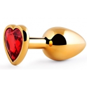 Золотистая анальная пробка с красным стразом-сердечком - 8 см. - Anal Jewelry Plug - купить с доставкой в Орске