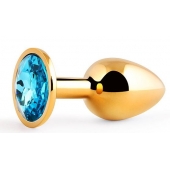 Золотистая анальная пробка с голубым стразом - 7,2 см. - Anal Jewelry Plug - купить с доставкой в Орске