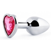 Серебристая анальная пробка с розовым кристаллом-сердечком - 7 см. - Anal Jewelry Plug - купить с доставкой в Орске