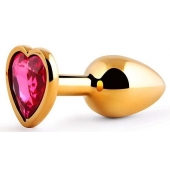 Золотистая анальная пробка с малиновым кристаллом-сердечком - 7 см. - Anal Jewelry Plug - купить с доставкой в Орске