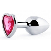 Серебристая анальная пробка с малиновым кристаллом-сердечком - 7 см. - Anal Jewelry Plug - купить с доставкой в Орске