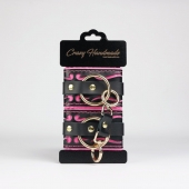 Черные кожаные наручники с розовой строчкой - Crazy Handmade - купить с доставкой в Орске