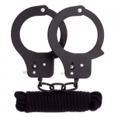 Чёрные наручники из листового металла в комплекте с веревкой BONDX METAL CUFFS LOVE ROPE SET - Dream Toys - купить с доставкой в Орске