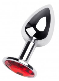 Маленькая коническая серебристая анальная пробка с красным кристаллом - 7 см. - ToyFa - купить с доставкой в Орске