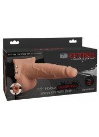 Телесный полый страпон с имитацией эякуляции 7.5  Hollow Squirting Strap-On with Balls Flesh - 21,6 см. - Pipedream - купить с доставкой в Орске