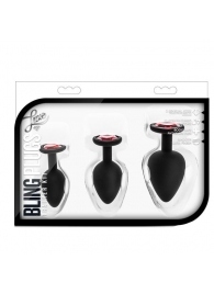 Набор черных анальных пробок с красным кристаллом-сердечком Bling Plugs Training Kit - Blush Novelties - купить с доставкой в Орске