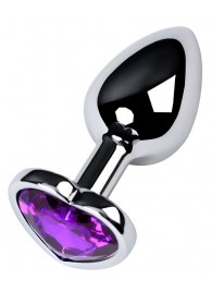 Серебристая коническая анальная пробка с фиолетовым кристаллом-сердечком - 7 см. - ToyFa - купить с доставкой в Орске