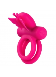 Розовое эрекционное виброкольцо Silicone Rechargeable Dual Butterfly Ring - California Exotic Novelties - в Орске купить с доставкой