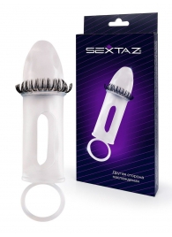 Закрытая насадка на пенис с подхватом мошонки и стимулирующими «ресничками» - Sextaz - в Орске купить с доставкой