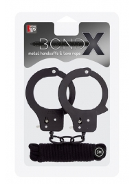 Чёрные наручники из листового металла в комплекте с веревкой BONDX METAL CUFFS LOVE ROPE SET - Dream Toys - купить с доставкой в Орске