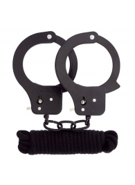 Чёрные наручники из листового металла в комплекте с веревкой BONDX METAL CUFFS LOVE ROPE SET - Dream Toys - купить с доставкой в Орске