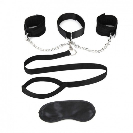 Чёрный ошейник с наручниками и поводком Collar Cuffs   Leash Set - Lux Fetish - купить с доставкой в Орске