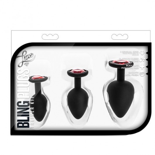 Набор черных анальных пробок с красным кристаллом-сердечком Bling Plugs Training Kit - Blush Novelties - купить с доставкой в Орске