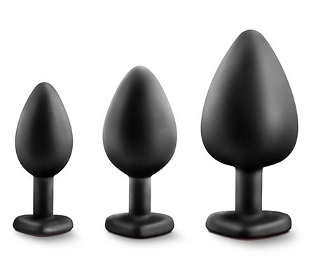 Набор черных анальных пробок с красным кристаллом-сердечком Bling Plugs Training Kit - Blush Novelties - купить с доставкой в Орске