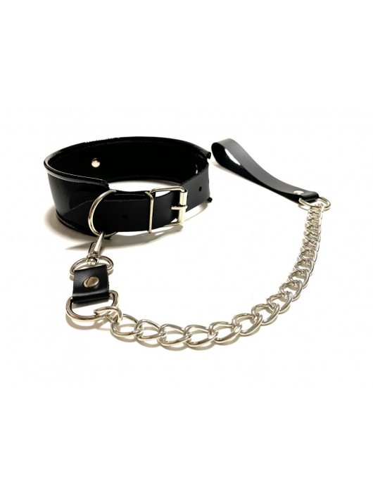 Черный ошейник с поводком из эко-кожи - БДСМ Арсенал - купить с доставкой в Орске