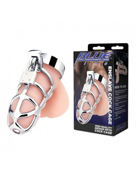 Серебристая металлическая клетка для члена с замком Enslave Cock Cage - BlueLine - купить с доставкой в Орске