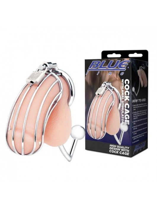 Серебристая металлическая клетка с анальным стимулятором Cock Cage - BlueLine - купить с доставкой в Орске
