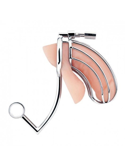 Серебристая металлическая клетка с анальным стимулятором Cock Cage - BlueLine - купить с доставкой в Орске