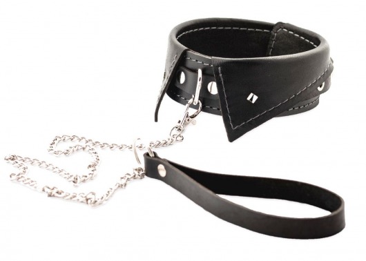 Черный ошейник-воротничок с металлическим поводком - Crazy Handmade - купить с доставкой в Орске Черный ошейник-воротничок с металлическим поводком - Crazy Handmade - купить с доставкой в Орске