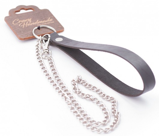 Серебристый металлический поводок с кожаной черной ручкой - 80 см. - Crazy Handmade - купить с доставкой в Орске