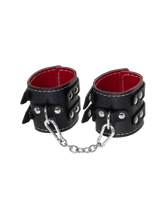 Черные кожаные наручники с двумя ремнями и красной подкладкой - Pecado - купить с доставкой в Орске