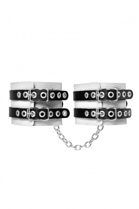 Бело-черные оковы с двумя ремешками и люверсами - Pecado - купить с доставкой в Орске