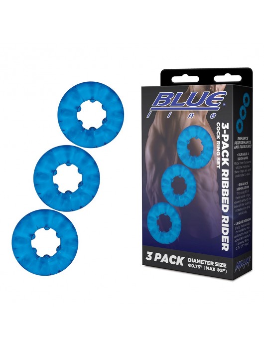 Комплект из трех голубых эрекционных колец 3-Pack Ribbed Rider Cock Ring Set - BlueLine - в Орске купить с доставкой
