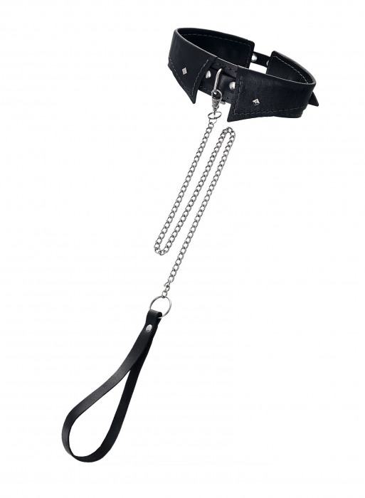 Черный кожаный ошейник-воротник с поводком - Pecado - купить с доставкой в Орске