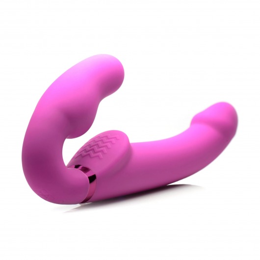 Розовый безремневой страпон с вибрацией и функцией расширения Inflatable Ergo-Fit Strapless Strap-On - XR Brands - купить с доставкой в Орске