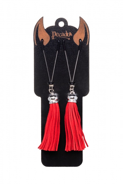 Зажимы на соски «Вилки» с красными кисточками из замши - Pecado - купить с доставкой в Орске