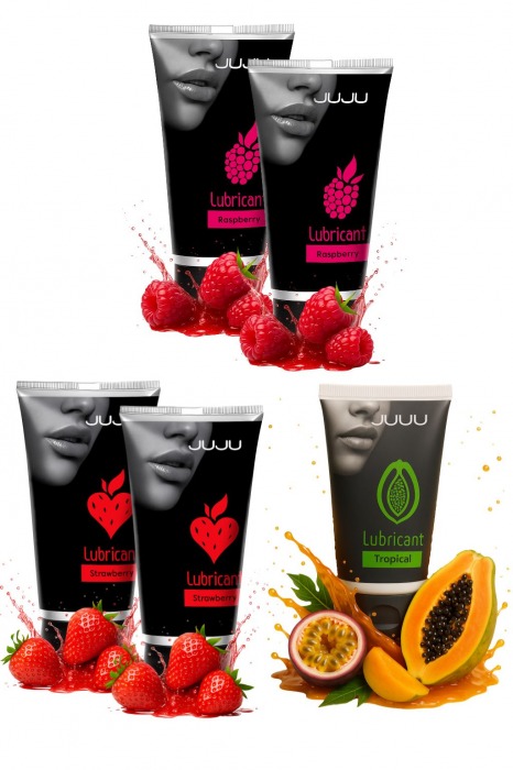 Набор из 5 съедобных лубрикантов JUJU (клубника х 2, малина х 2, тропические фрукты) - JuJu - купить с доставкой в Орске Набор из 5 съедобных лубрикантов JUJU (клубника х 2, малина х 2, тропические фрукты) - JuJu - купить с доставкой в Орске