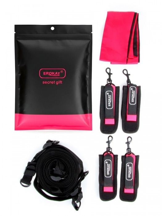 Черно-розовый эротический набор: фиксатор, оковы, наручники, повязка - Erokay - купить с доставкой в Орске