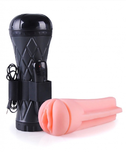 Телесный мастурбатор-вагина в черной колбе с вибрацией - Boys of Toys - в Орске купить с доставкой